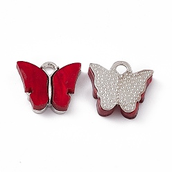 Rouge Charmes acryliques, avec accessoire en alliage de tonalité de platine, charme de papillon, rouge, 13x14x3mm, Trou: 2mm