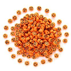 Orange Foncé Perles acryliques opaques, plat rond avec une expression aléatoire noire, orange foncé, 7x4mm, Trou: 1.6mm, 200 pièces / kit