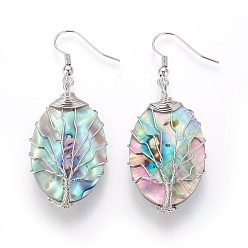 Platinum Abalone Shell/Paua Shell Dangle Earrings, with Brass Earring Hooks, Oval with Tree, Platinum, 55.5~57.5mm, Pin: 0.6mm