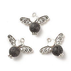 Noir Pendentifs en pierre de lave naturelle, avec des ailes en alliage plaqué argent antique, ange, noir, 18.5x23.5x8~9mm, Trou: 2.2mm