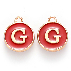 Letter G Golden Plated Alloy Charms, with Enamel, Enamelled Sequins, Flat Round, Red, Letter.G, 14x12x2mm, Hole: 1.5mm, 50pcs/Box