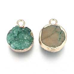 Green Natural Druzy Agate Pendants, with Real 18K Gold Plated Brass Finding, Long-Lasting Plated, Flat Round, Dyed, Green, 18~20x14x5~10mm, Hole: 2~3mm