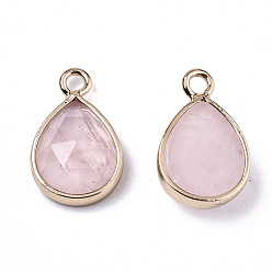 Rose Quartz Natural Rose Quartz Charms, with Light Gold Plated Brass Edge and Loop, Teardrop, Faceted, 14x9x4.5mm, Hole: 1.5mm