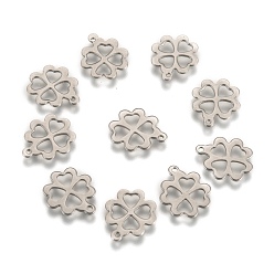 Stainless Steel Color 304 Stainless Steel Four Leaf Clover Charms Pendants, Stainless Steel Color, 15x13x1mm, Hole: 1mm