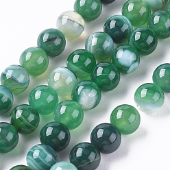 Green Natural Striped Agate/Banded Agate Beads Strands, Dyed & Heated, Round, Green, 8mm, Hole: 1.2mm, about 47pcs/strand, 14.96 inch(38cm)