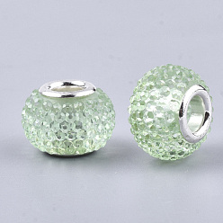 Vert Clair Rhinestone de résine de perles européennes, Perles avec un grand trou   , en laiton de tonalité de platine noyaux doubles, rondelle, perles baies, vert clair, 14x10mm, Trou: 5mm
