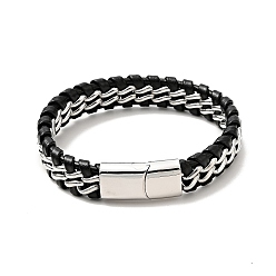 Stainless Steel Color Leather & 304 Stainless Steel Braided Curb Chains Cord Bracelet with Magnetic Clasp for Men Women, Stainless Steel Color, 8-3/4 inch(22.3cm)
