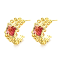 Indian Red Glass Square Stud Earrings, Rack Plating Real 18K Gold Plated Brass Split Earrings, Long-Lasting Plated, Lead Free & Cadmium Free, Indian Red, 20x10mm