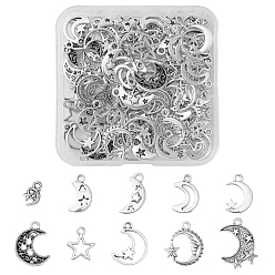 Античное Серебро 90 шт 10 стили подвески из сплава в тибетском стиле, Луна и звезды, античное серебро, 12~22x7~17x1~3 мм, отверстие : 1.6~2 мм