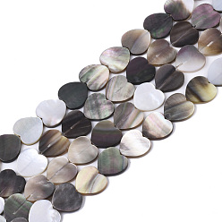 Coquillage Noir Brins de perles de coquille de lèvre noire naturelle, cœur, 10x10x1.5mm, Trou: 0.8mm, Environ 42 pcs/chapelet, 15.75 pouce (40 cm)
