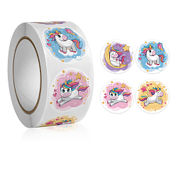 Unicorn 4 Patterns Cartoon Stickers Roll, Round Dot Paper Adhesive Labels, Decorative Sealing Stickers for Gifts, Party, Horse, 25mm, 500pcs/roll