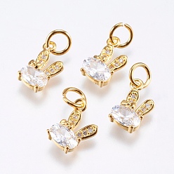 Real 18K Gold Plated Brass Micro Pave Cubic Zirconia Bunny Charms, Cadmium Free & Lead Free, Rabbit, Real 18K Gold Plated, 12x6x2.5mm, Hole: 3mm