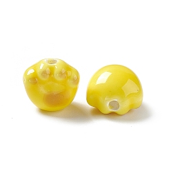 Желтый Ручной печатный шарики фарфора, отпечатки кошачьих лап, желтые, 12x12x9 мм, отверстие : 2 мм