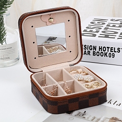 Coconut Brown Sqaure PU Leather Jewelry Box, with Mirror, Travel Portable Jewelry Case, Zipper Storage Boxes, for Necklaces, Rings, Earrings and Pendants, Coconut Brown, 10x10x5cm
