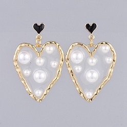 White Epoxy Resin Dangle Earrings, with ABS Plastic Imitation Pearl, Alloy Enamel Stud Earring Findings and Brass Ear Nuts, Heart, White, 48.5mm, Pin: 0.6mm