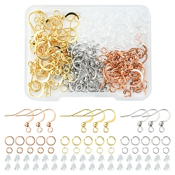 Mixed Color 36Pcs 3 Style 316 Surgical Stainless Steel Earring Hooks, with Horizontal Loops & 120Pcs 304 Stainless Steel Jump Rings & 100Pcs Plastic Ear Nuts, Mixed Color, 16x16~19.5x3mm, Hole: 2mm, Pin: 0.6~0.7mm, 12Pcs/style