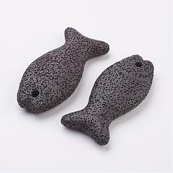 Noir Grands pendentifs en pierre de lave naturelle, poisson, teint, noir, 73~74x33~34x11~13mm, Trou: 4mm