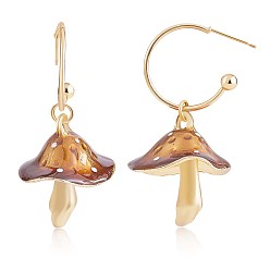 Brown Enamel Mushroom Dangle Stud Earrings, Gold Plated Alloy  Half Hoop Earrings for Women, Brown, 47x24.5mm, Pin: 0.7mm