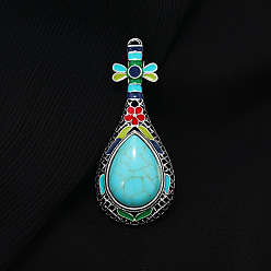 Synthetic Turquoise Synthetic Turquoise Musical Instrument Pipa Brooch with Enamel, Platinum Alloy Lapel Pin for Women, 65x27mm