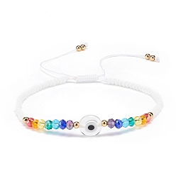 Blanc Mauvais œil au chalumeau et bracelet en perles de verre, bracelet réglable tressé pour femme, blanc, diamètre intérieur: 2-1/2~3-7/8 pouce (6.2~9.7 cm)