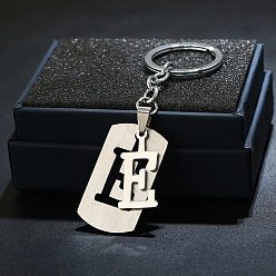 Letter E 201 porte-clés en acier inoxydable, porte-clés étiquette de chien, avec porte-clés en fer plaqué platine, rectangle avec lettre fractionnée, letter.e, 10.5 cm