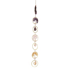 Mixed Stone Flat Round with Tree of Life Natural Gemstone Chips Chandelier Hanging Suncatcher, with Iron Ring, for Car Window Home Garden Ornament, 760mm