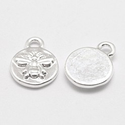 Real Platinum Plated Brass Charms, Cadmium Free & Nickel Free & Lead Free, Flat Round with Bee, Real Platinum Plated, 10x8x1.5mm, Hole: 1mm