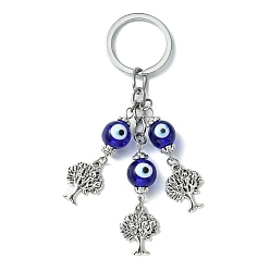 Bleu Foncé Porte-clés pendentif arbre de vie en alliage, avec des perles de lampe mauvais œil faites à la main et des porte-clés fendus, bleu foncé, 10.5 cm