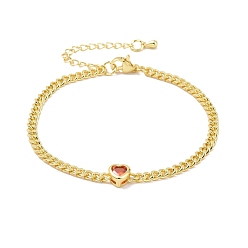 Rouge Orange Bracelet à maillons cœur en zircon cubique avec chaînes gourmettes, bijoux en laiton plaqué or pour femme, sans cadmium et sans plomb, rouge-orange, 7-1/4 pouce (18.5 cm)