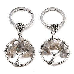 Labradorite Porte-clés rond plat en labradorite naturelle avec pendentif arbre de vie, avec des porte-clés en fer et des pièces en laiton, 6.5 cm