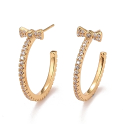 Real 18K Gold Plated Clear Cubic Zirconia C-shape with Bowknot Stud Earrings, Brass Half Hoop Earrings for Women, Cadmium Free & Nickel Free & Lead Free, Real 18K Gold Plated, 20.5x1.5mm, Pin: 0.7mm