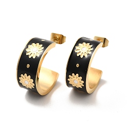 Black Enamel Flower Wrap Stud Earrings, Golden 304 Stainless Steel Half Hoop Earrings for Women, Black, 18x8x18mm, Pin: 0.8mm