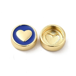 Bleu Perles d'émail en laiton plaqué or véritable 18k, plat et circulaire avec coeur, bleu, 11x4.5mm, Trou: 2mm