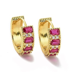 Fuchsia Cubic Zirconia Rectangle Hoop Earrings, Golden Brass Jewelry for Women, Fuchsia, 20.5x22x7mm, Pin: 1.2mm