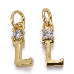 Letter L Brass Micro Pave Clear Cubic Zirconia Pendants, with Jump Rings, Real 18K Gold Plated, Long-Lasting Plated, Letter, Letter.L, 10x4x2mm
