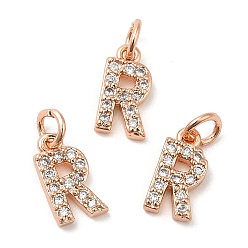 Real Rose Gold Plated Brass Micro Pave Grade AAA Cubic Zirconia Charms, Letter R, Cadmium Free & Nickel Free & Lead Free, Real Rose Gold Plated, 9x5x1.5mm, Hole: 2mm