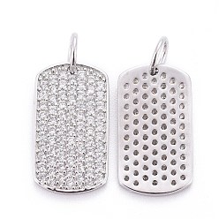 Platinum Brass Micro Pave Cubic Zirconia Pendants, with Jump Rings, Rectangle, Clear, Platinum, 16x9x1.5mm, Hole: 3.5mm