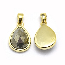 Pyrite Natural Pyrite Pendants, with Golden Tone Brass Findings, teardrop, Faceted, 14.5x9.5x5mm, Hole: 2.5x3.5mm