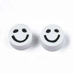 Blanco Abalorios de la arcilla de polímero hechos a mano, plano y redondo con la cara sonriente, blanco, 8~9x4 mm, agujero: 1.5 mm