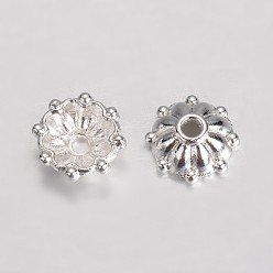 Silver Alloy Fancy Bead Caps, Multi-Petal Flower, Silver Color Plated, 8x3mm, Hole: 1mm