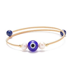 Lapis Lazuli Lapis-lazuli naturel (teint) et mauvais œil au chalumeau et bracelet en perles de perles naturelles, bracelet torque en laiton pour femme, or, diamètre intérieur: 2-1/8 pouce (5.5 cm)