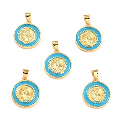 Dark Turquoise Brass Enamel Pendants, Cadmium Free & Lead Free, Long-Lasting Plated, Flat Round with Virgin Mary, Real 18K Gold Plated, Dark Turquoise, 18x16x2.5mm, Hole: 4.5x3.5mm
