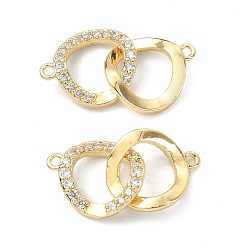 Real 18K Gold Plated Rack Plating Brass Micro Pave Clear Cubic Zirconia Connector Charms, Dual Ring Links, Real 18K Gold Plated, 10x20x3mm, Hole: 1mm