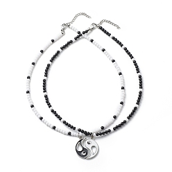 Черный 2шт 2 цвета сплава эмали сплетни/Инь Ян соответствующие подвески ожерелья набор, акриловые ожерелья из бисера для женщин, черно-белые, 15.94 дюйм (40.5 см), 1 шт / цвет