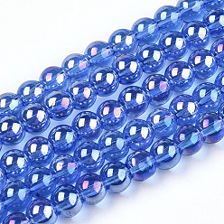 Royal Blue Electroplate Transparent Glass Beads Strands, AB Color Plated, Round, Royal Blue, 4~4.5mm, Hole: 0.8mm, about 97~99pcs/strand, 14.76 inch~14.96 inch(37.5~38cm)
