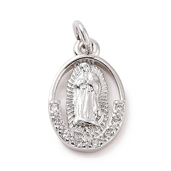 Platinum Brass Micro Pave Cubic Zirconia Pendants, with Jump Ring, Oval with Religion Virgin Mary Charm, Platinum, 15.5x10x2mm, Hole: 2.8mm