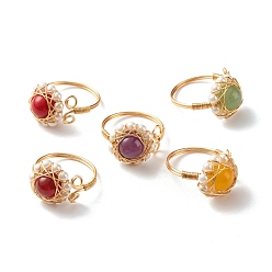 Mixed Stone Natural Mixed Gemstone Finger Rings for Girl Women, Round Shell Pearl Beads Ring, Brass Wire Wrap Ring, Golden, US Size 7 3/4(17.9mm)