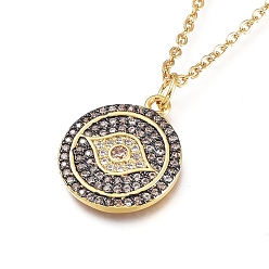 Clear Brass Micro Pave Cubic Zirconia Pendant Necklaces, with 304 Stainless Steel Cable Chains, Flat Round with Evil Eye, Golden, Clear, 19.29 inch(49cm)