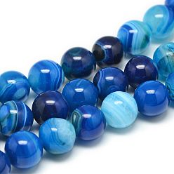 Dodger Blue Natural Striped Agate/Banded Agate Bead Strands, Dyed, Round, Dodger Blue, 10mm, Hole: 1mm, about 38pcs/strand, 15.55 inch
