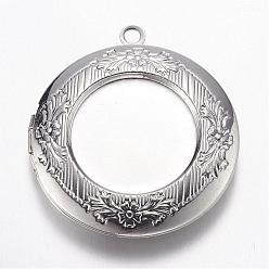 Platinum Brass Locket Pendants, Flat Round with Flower, Platinum, 32.5x6mm, Hole: 2mm
